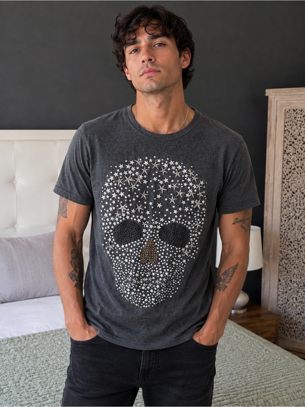 Ryu Koizumi Skull Star Rhinestone Embellished Graphic T-Shirt Gray Size M